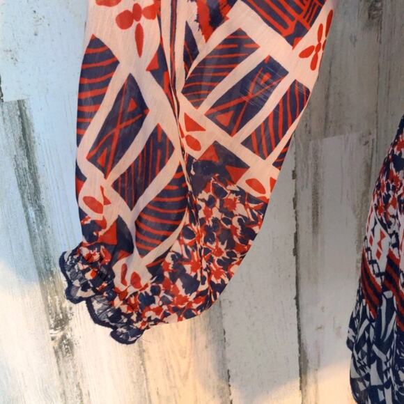 ONE WORLD Red White Blue Patriotic Sheer Blouse Tie Plus 1X - Picture 6 of 7